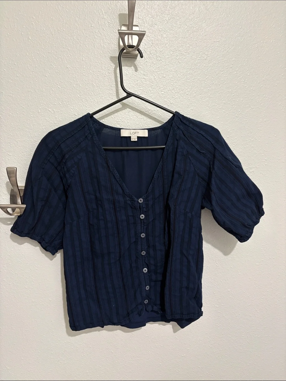 LOFT Navy Button-Front Short Sleeve Blouse